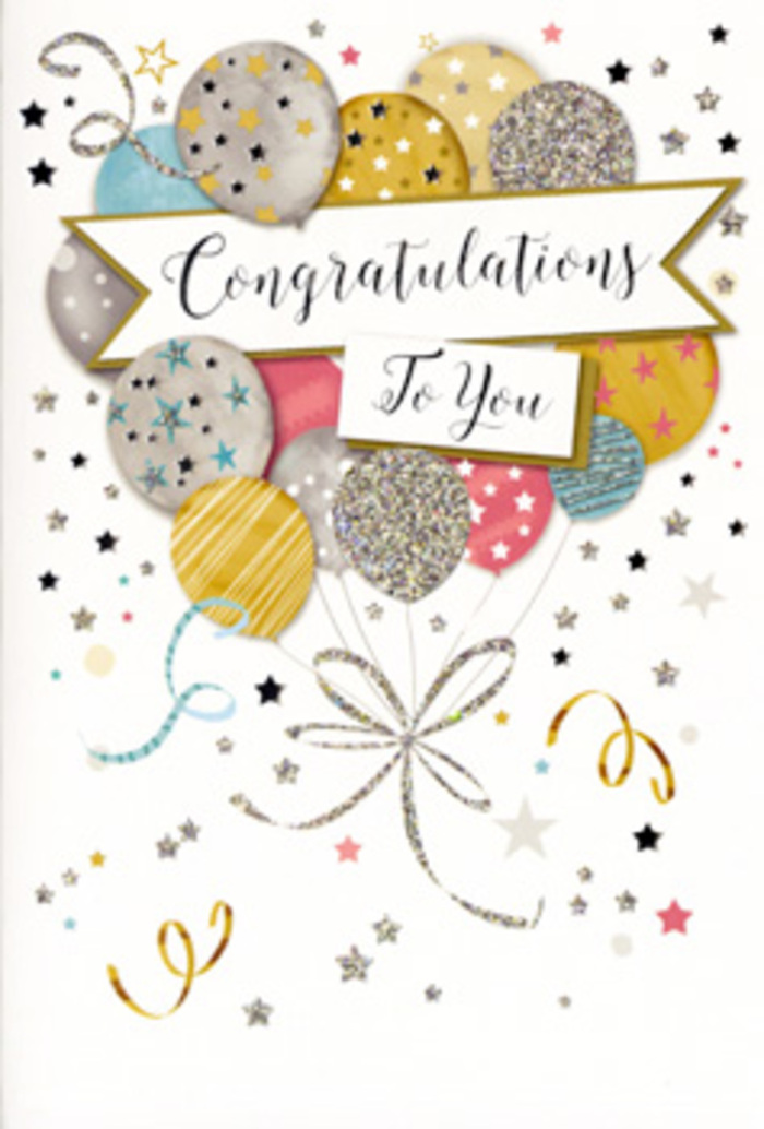 The card depicted here is a graceful celebration in miniature, the kind of design we often pair with milestone bouquets leaving our workbench in Addington. A loose bouquet of illustrated balloons fills the upper half of the card, their rounded shapes gently overlapping as if drifting together on a light breeze blowing over the rooftops near Addington Village. The colour palette is refined yet playful: muted gold, antique silver, champagne cream, sky blue, soft blush pink, and a whisper of grey. Each balloon is decorated with its own delicate pattern - bands of metallic stripes, clusters of tiny stars, and fine speckles of glitter - so that no two look quite the same. Slim, curling strings drawn in gleaming gold and silver tumble downward from the balloons, creating an elegant cascade that mimics the natural fall of ribbon we see when tying a bouquet. The background is a soft, pale wash scattered with metallic stars, tiny dots of confetti, and swirling ribbon motifs, suggesting the carefree joy of a surprise party or a cheerful gathering at a friend's home off Gravel Hill. Stretching calmly across the centre, a ribbon-like banner unfurls, edged in a slight shimmer and carrying a classic Congratulations message in flowing, decorative script that feels both sincere and stylish. The overall impression is of uplift and pride, a quiet yet unmistakable joy well-suited to graduations, promotions, exam results, or any special achievement. You can imagine this card nestled beside fresh lilies and roses in an Addington Flowers arrangement, ready for local same-day delivery to help mark the moment with both beauty and heartfelt sentiment.