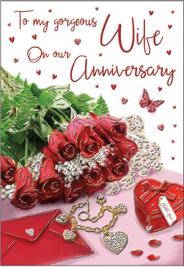 In this richly romantic anniversary card scene, the focus falls on a graceful gathering of red roses, styled with the quiet elegance you might expect from a seasoned Addington florist. The roses are a deep, velvety crimson, their petals layered like soft silk, unfurling in generous, full blooms that seem almost warm to the touch. Around them, fresh greenery provides a lively contrast, each leaf edged in a subtle highlight that captures the same kind of gentle daylight that filters through homes along Addington's tree-lined streets. Resting close to the flowers is a neatly placed envelope, its clean surface hinting at an affectionate handwritten message inside, perhaps a note reflecting years of shared milestones. Nearby, a delicate piece of jewellery and a compact heart-shaped keepsake box add a sense of intimacy, as though this card accompanies a carefully chosen gift given just before an anniversary meal at a favourite local spot. Tiny heart motifs are sprinkled across the design, some shining softly, others fading into the background like distant memories, while a single butterfly illustration offers a whimsical touch, reminiscent of a fleeting moment in Addington's open green spaces on a summer afternoon. The entire composition feels calm, balanced, and deeply personal: roses gently leaning one way, foliage framing them naturally, and keepsakes angled as if placed by a loving hand. Subdued reflections on the surface and warm, diffused lighting give the scene depth and softness, making this card a tender visual expression of enduring love and cherished time spent together in and around Addington.