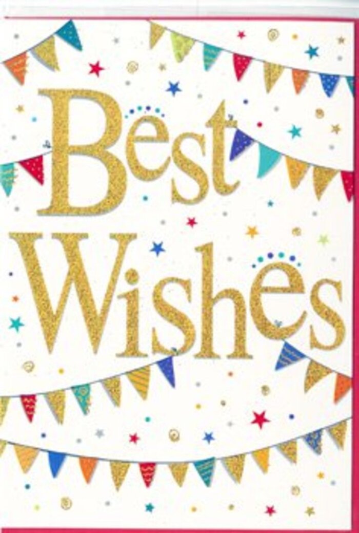The congratulations card is designed like a pocket-sized celebration, echoing the friendly, village feel of Addington. Dominating the centre, the words Best Wishes appear in sweeping, cursive gold script, gleaming softly as if dusted with very fine glitter. The letters seem slightly raised from the smooth white card, giving a tactile richness that suggests careful craftsmanship rather than mass production. Surrounding the message, from top corners to lower edges, delicate strings of bunting arc in flowing curves, creating a frame that feels festive yet gentle. Each miniature pennant is painted in vivid colours-rich crimson, sapphire blue, emerald green, and bright lemon-some with stripes, others with tiny dots or geometric patterns, just varied enough to look charmingly mismatched, like decorations collected over many shared celebrations. Scattered around and between the bunting are clusters of tiny stars and round dots, echoing the main colours and creating a confetti effect that feels as though it has just settled after a jubilant cheer. The white space is carefully preserved, providing a clean, airy backdrop that keeps the design from feeling crowded. It's the sort of card you could imagine being tucked into a bouquet for a graduation, a new job at an office near Addington Interchange, or a housewarming around the winding local roads. The mood is joyful, hopeful, and genuinely supportive, like a warm handshake or hug captured in paper form. Each visual detail, from the shimmer of the gold to the tilt of each bunting flag, works together to say, Your achievement matters; let's celebrate it properly.
