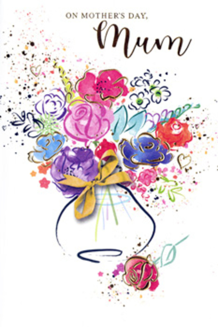 This Mother's Day card shows an exuberant, painterly bouquet, as if a florist's notebook sketch has been brought to life with flowing watercolour. In the centre, a generous cluster of blossoms in hot pink, deep cerise, apricot, and soft peach is surrounded by cooler strokes of indigo and gentle blue, the colours layered so that each bloom appears to shimmer and turn in soft light. Delicate golden lines pick out certain petals and leaves, highlighting their curves like the subtle glow on fresh flowers arranged in a sunlit front room overlooking the quiet streets of Addington. The bouquet sits in a rounded vase, lightly outlined so it feels almost transparent, its base cinched by a slim golden bow reminiscent of the careful finishing touches a florist adds just before handing over a Mother's Day gift. Around the flowers, scattered specks of paint and tiny heart shapes drift toward the edges of the card, suggesting petals shaken loose by a breeze rolling in from Addington's nearby green corners and open spaces. The background remains a crisp white, allowing the saturated tones to stand out without overwhelming the eye, and giving the composition a sense of air and movement. The overall impression is of joyful spontaneity balanced by quiet intention, like a bouquet chosen with care for a mum who loves both colour and artistry. It feels like an image created by someone who understands not only flowers, but the emotion behind sending them within the Addington community.