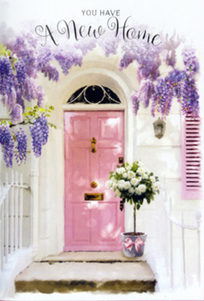 Outside what could easily be a lovingly restored cottage near Addington village, a doorway scene unfolds that speaks softly of fresh starts and heartfelt congratulations. The front door is painted a delicate, rosy pink, the kind of shade that looks especially pretty when the late afternoon light drifts over from Addington Park. Its surface appears smooth and matte, quietly reflective, with simple panel detailing adding structure without distracting from the overall softness. Draped above and around this door is a generous cascade of wisteria, the long racemes of blossom in tones of lavender, lilac, and muted purple. Each trailing cluster hangs down like a curtain of petals, creating a natural frame that feels both romantic and slightly wild, as though the vine has grown there for many seasons. Beneath this floral canopy, resting neatly on the step, is a stylish tin bucket with a soft grey patina. It cradles a luxurious bouquet of white and cream roses, their blooms plump and velvety, nestled together so closely that they form a cloud of petals. Sprigs of fresh green foliage weave gently through the roses, adding a hint of woodland texture, reminiscent of greenery from local Addington gardens. Around the bucket's base, a satin ribbon in a tender shade of pink is tied in an elegant bow, its fabric catching the light with a subtle sheen. The surrounding whitewashed wall and a softly painted shutter bounce light back into the scene, making everything feel bright yet calm. The overall impression is one of welcome and optimism, as though a local florist has placed this arrangement by the door to celebrate a new homeowner in Addington, wrapping their doorway in beauty, reassurance, and the quiet promise of many happy returns.