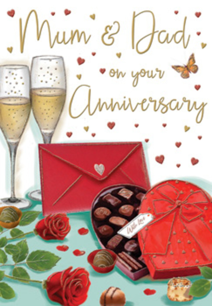 The anniversary card artwork unfolds like a small celebration vignette, as if a couple in Addington had paused time just before raising their glasses. In the foreground, a heart-shaped chocolate box, deep red and luxuriously finished, commands attention. Its lid tilts open to show a carefully arranged selection of truffles, each piece rounded and glossy, promising rich, sweet flavours. A wide, satin-red bow curls across the top, echoing the soft folds of fabric you might see in a lovingly wrapped gift from a local Addington boutique. Close by, two red roses lie on the tabletop, stems partly hidden by lush, dark green leaves. The petals are drawn as full and velvety, with subtle highlights that make them appear freshly cut, as though they have just arrived from an expert florist a short walk from Addington's village centre. Rising behind this indulgent still life, two champagne flutes stand together, their slender silhouettes almost touching. Each glass holds golden champagne alive with tiny bubbles, capturing that quiet, sparkling moment before an anniversary toast. Around them, a sprinkle of small red and gold hearts drift through the air, framing elegantly hand-lettered wishes addressed to Mum & Dad, giving the composition a gentle, family-centred warmth. Off to the side, a bright scarlet envelope lies ready to be opened, its colour echoing both the roses and the bow, hinting at heartfelt words penned in private. The soft, ambient light spreads a golden sheen over the glass, chocolates, and petals, creating an atmosphere that feels as intimate as an evening at home in Addington, filled with stories, gratitude, and years of shared love.