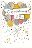 This image shows a joyful congratulations card that feels like the paper equivalent of releasing balloons into the Addington sky after good news. At the heart of the design, a rounded cluster of balloons floats upward, beautifully arranged in complementary tones of gold, silver, champagne, soft blue, blush pink, and light grey. Each balloon is individually detailed: some shimmer with metallic stripes, others sparkle with star motifs or fine glittery specks that catch the light, giving a sense of texture you can almost feel beneath your fingertips. Their slender ribbons, drawn in twining strokes of gold and silver, cascade downward in loose curls, resembling the trailing ties of a hand-tied bouquet fresh from a local Addington florist. The background is a gentle, creamy neutral shade scattered with tiny metallic stars, dots, and streamers that drift as if stirred by a breeze passing over Addington Park. Across the centre, a softly curved banner stretches gracefully from side to side, outlined in subtle metallic ink and bearing the warm message Congratulations To You in elegant calligraphy. The composition is airy yet rich with detail, radiating happiness, admiration, and genuine pride - the feeling of seeing a loved one graduate, accept a promotion, or reach a long-sought goal. The card's festive yet sophisticated style makes it an ideal companion to a bouquet delivered to homes and offices around Addington, quietly elevating the moment so the recipient feels truly celebrated when they open their flowers and read the heartfelt message inside.