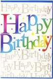 The image presents a birthday card that seems to glow with optimism, like a burst of colour against the calm streets of Addington on a bright morning. Dominating the design is the phrase Happy Birthday, written in big, confident letters that sweep across the front. Each character is filled with a smooth gradient of colour, transitioning from deep cherry red at one end through warm pink, royal purple, and cool turquoise to a lively grass green and finally a cheerful lemon yellow. The colours seem to flow into one another as if painted in a single, confident stroke, creating the impression of movement and joy, much like the cheerful mix of shades in a hand-tied bouquet. The letters sit on a soft, pale background that is richly patterned with repeating lines of Happy Birthday to you in a fine, graceful gold script. This script glimmers gently, like thin strands of fairy lights hung across a garden in Addington on a summer evening, and forms a delicate contrast to the bold rainbow headline. Tiny dots and star-like flecks of colour are scattered among the golden writing, echoing the look of confetti or sprinkles scattered over a celebration cake. The card's finish appears smooth and slightly glossy, hinting at a quality stock that would feel pleasingly firm in hand. The overall mood is one of bright, heartfelt celebration: festive but not garish, thoughtful yet full of fun. It's easy to imagine this card standing beside a vase of fresh flowers on a sideboard near Addington Park, completing a birthday surprise arranged with care.