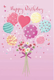 A whimsical birthday illustration unfolds like a pastel celebration that could easily be imagined on a kitchen table in Addington, just after a surprise delivery arrives. The scene is set against a soft pink background, warm and inviting, with a central cluster of pastel balloons arching upwards in a gentle cascade. The balloons are all unique: some are wrapped in swirling candy-striped bands of rose and aqua, others wear playful polka dots in sunny yellow and lilac, and a sweet heart-shaped balloon in the centre radiates affection with its blush and fuchsia tones. Their colours - pale mint, soft coral, buttercup yellow, and lavender - harmonise beautifully, each edge softly blended as if brushed in watercolour. Suspended below this airy bouquet is a hand-tied arrangement of birthday blooms, imagined as freshly gathered by a careful florist. Creamy roses, blush-toned anemone-like flowers, and daisy-style blossoms cluster closely together, petals overlapping in layers that look feather-soft and velvety. The stems are brought neatly together and finished with a rich violet satin bow, its sheen catching the light and adding a refined flourish. Tiny butterflies and scattered star shapes drift around the composition, giving it a fairy-tale quality, like a garden near Addington Hills lifted into a birthday dream. The lighting is gentle and celebratory, highlighting the shine on each balloon and the subtle shading of every petal. Altogether, this artwork conveys the spirit of a bright, unforgettable birthday - light, airy, and filled with the quiet joy you feel when a thoughtfully chosen bouquet turns an ordinary day in Addington into something truly special.