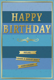 In this image, a tastefully designed birthday card leans upright, its cool blue stripes and golden accents creating a mood of calm celebration that feels very at home in Addington's gentle pace of life. The background is composed of broad, stacked bands of blue, shifting gradually from deep navy at the bottom through mid-blue and teal to a pale, serene sky blue at the top. The gentle gradation suggests depth and movement, like looking across open skies above the local rooftops. Centre stage, the message HAPPY BIRTHDAY appears in bold, gold-embossed capital letters. The metallic finish has a refined sheen, brightening subtly as it catches the light without overwhelming the soft blues behind it. Just beneath this main greeting, a delicate, symmetrical gold flourish runs horizontally, its curves recalling vintage handwriting flourishes or the decorative detailing sometimes seen on traditional shopfronts. Below, three narrow gold banners are carefully lined up, one above the other. Each banner contains part of a relaxed birthday sentiment, spelled out in small gold letters: Relax, have a great day, and enjoy! Read together, they feel like a friendly reminder to slow down and truly savour the day, much as one might pause on a quiet walk through local green corners. A fine gold border frames the entire design, adding polish and definition, as if the card were a small, framed artwork. The surface of the card appears smooth with a matte finish, while the embossed gold details rise gently from the paper, adding subtle texture. The overall effect is one of understated luxury and gentle joy-a perfect card to accompany a thoughtfully arranged bouquet from Addington Flowers for a birthday that should feel unhurried and warmly remembered.