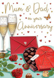 This illustrated anniversary card captures the essence of a cosy celebration for Mum and Dad, the kind you might imagine unfolding after a family meal in Addington. At the heart of the design, two tall champagne flutes stand side by side, filled with pale gold bubbly that sparkles with fine, ascending bubbles, reflecting light like tiny stars. In front of them, a heart-shaped chocolate box in rich red takes centre stage, its lid propped open just enough to reveal an inviting array of chocolates, each one smooth, rounded, and nestled snugly in its compartment. A dramatic red bow crowns the box, its generous loops and long trailing ribbons mirroring the elegance of a thoughtfully wrapped gift from an Addington high street shop. To one side, two deep red roses, their petals plush and layered, are arranged with glossy green leaves, offering the visual sense of a freshly delivered bouquet, perhaps ordered from Addington Flowers for same-day delivery to a local address. Tiny golden and crimson hearts drift and dance across the background, surrounding softly scripted anniversary wishes and lending a playful, romantic rhythm to the scene. Resting nearby is a scarlet envelope, perfectly sealed, suggesting a handwritten message filled with memories, gratitude, and affection. Warm, gentle light washes over every surface, from the clear glass of the flutes to the sheen on the chocolates, creating a glow that feels like candlelight in an Addington living room. The overall impression is one of tender celebration, shared indulgence, and the quiet joy of a love that has grown over many years.